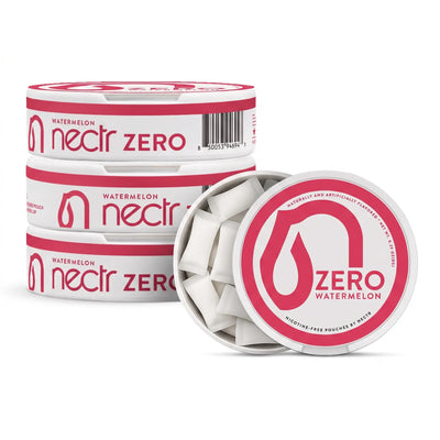Three round containers of Nectr Zero Watermelon pouches, with one container open to show the white nicotine-free pouches inside, on a white background.