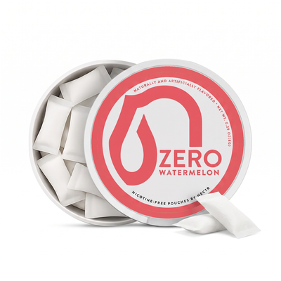 An open round tin of nicotine-free pouches by Mectrs, showing white square pouches inside. The lid is propped up and features a large red and white logo that reads 'ZERO WATERMELON'.