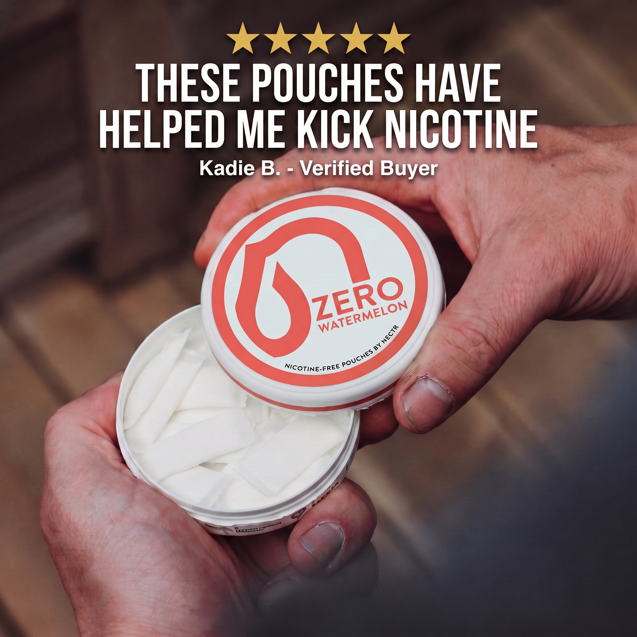 A person holds an open round tin of nicotine-free pouches labeled Zero Watermelon. The white pouches are visible inside, and the lid is propped up.