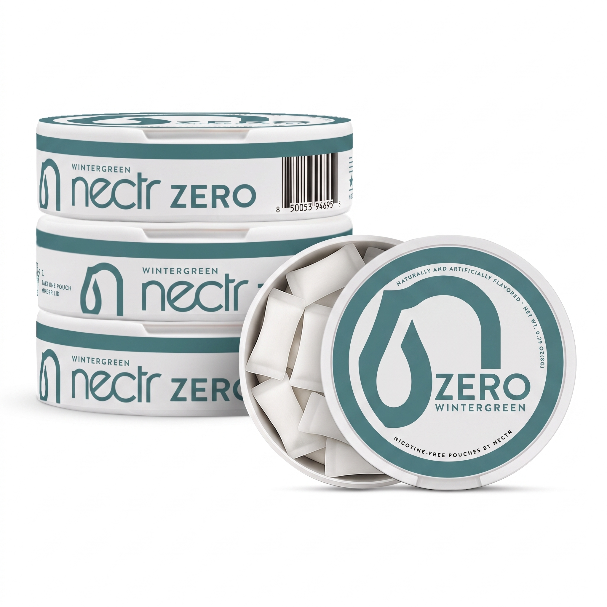 Three round tins of Nectr Zero Wintergreen nicotine pouches, with one tin open to show the white square pouches inside, on a clean white background.